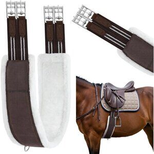 Brown English Girth for Horses 52 Inch Fleece Padded Double Elastic & Stainless